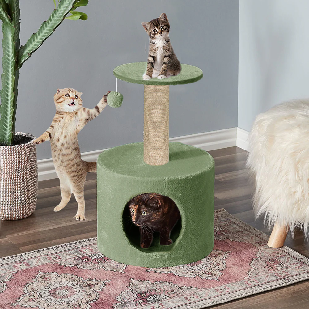 Furrlovers Plush Fur Cat Tree Condo with Jute Rope & Hanging Ball (Green) - Image 4
