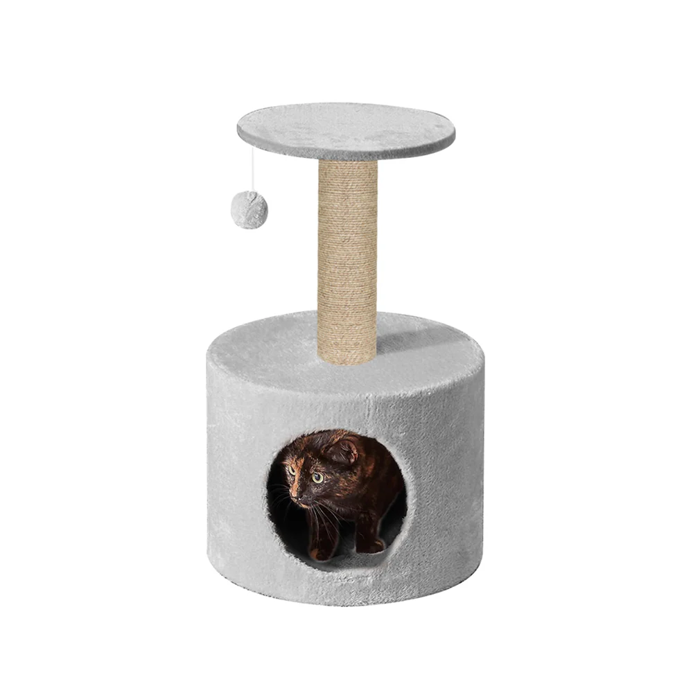 Furrlovers Plush Fur Cat Tree Condo with Jute Rope & Hanging Ball (Grey) - Image 2