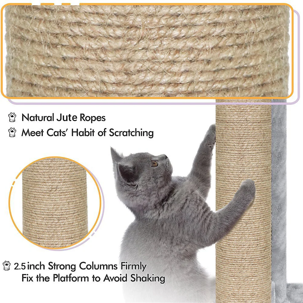 Furrlovers Plush Fur Cat Tree Condo with Jute Rope & Hanging Ball (Grey) - Image 3