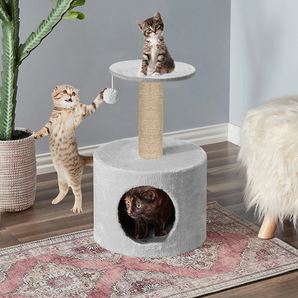 Furrlovers Plush Fur Cat Tree Condo with Jute Rope & Hanging Ball (Grey) - Image 4
