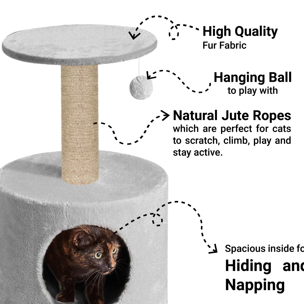 Furrlovers Plush Fur Cat Tree Condo with Jute Rope & Hanging Ball (Grey) - Image 6