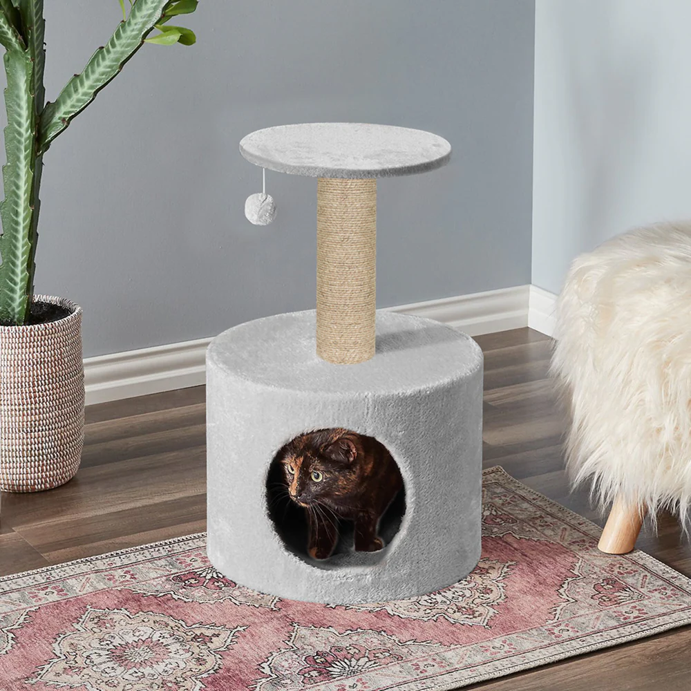 Furrlovers Plush Fur Cat Tree Condo with Jute Rope & Hanging Ball (Grey) - Image 7