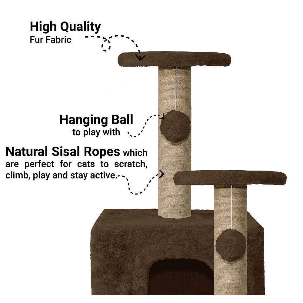 Furrlovers Soft Fur Activity Cat Tree with Natural Sisal Rope, Condo, Sisal Scratching Post & Hanging Ball Toys for Cats and Kittens (Brown) - Image 2