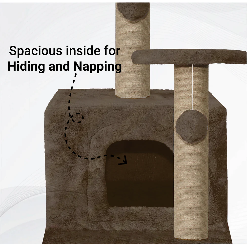 Furrlovers Soft Fur Activity Cat Tree with Natural Sisal Rope, Condo, Sisal Scratching Post & Hanging Ball Toys for Cats and Kittens (Brown) - Image 3