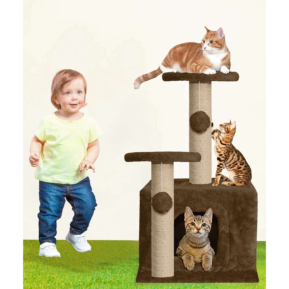 Furrlovers Soft Fur Activity Cat Tree with Natural Sisal Rope, Condo, Sisal Scratching Post & Hanging Ball Toys for Cats and Kittens (Brown) - Image 4