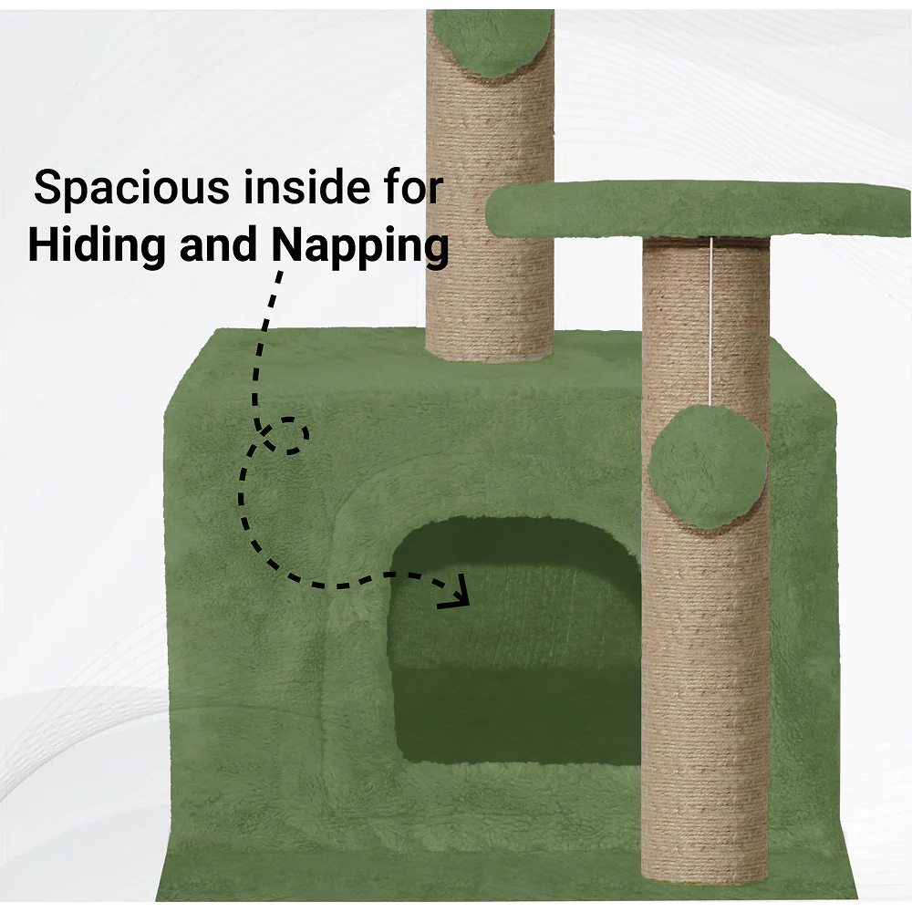 Furrlovers Soft Fur Activity Cat Tree with Natural Sisal Rope, Condo, Sisal Scratching Post & Hanging Ball Toys for Cats and Kittens (Green) - Image 2