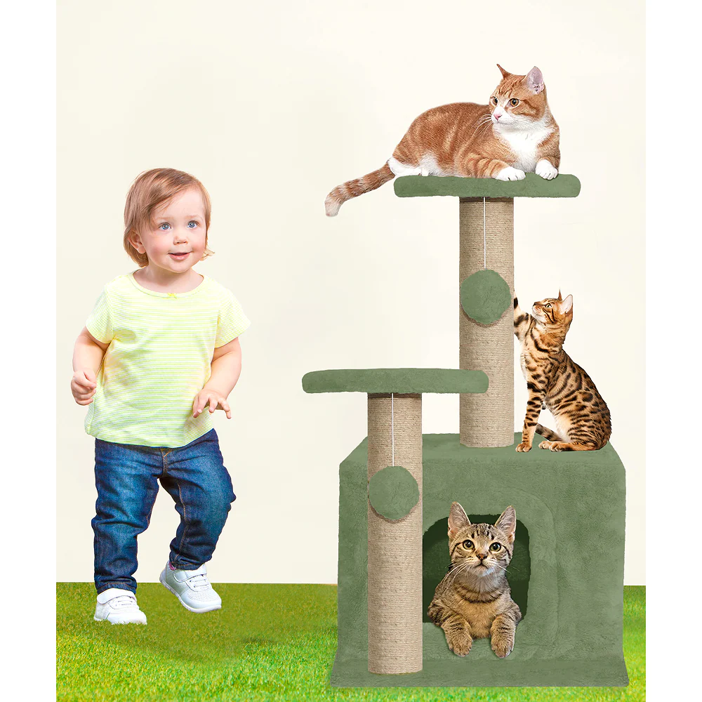 Furrlovers Soft Fur Activity Cat Tree with Natural Sisal Rope, Condo, Sisal Scratching Post & Hanging Ball Toys for Cats and Kittens (Green) - Image 3