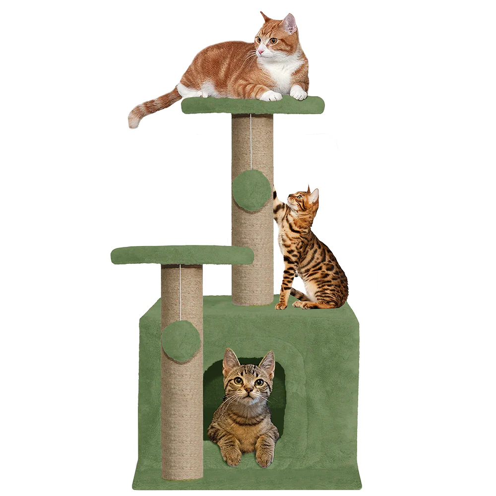Furrlovers Soft Fur Activity Cat Tree with Natural Sisal Rope, Condo, Sisal Scratching Post & Hanging Ball Toys for Cats and Kittens (Green) - Image 5