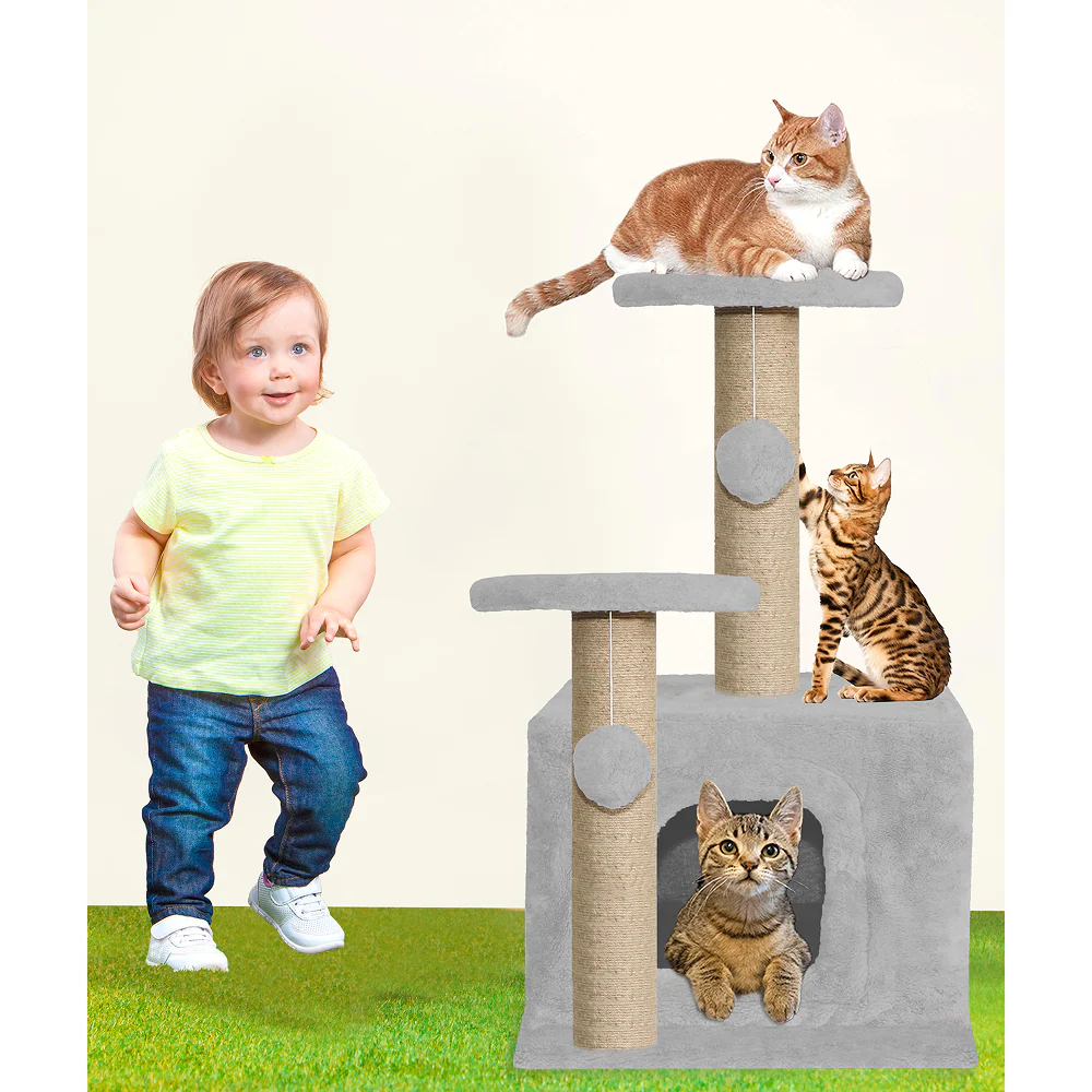 Furrlovers Soft Fur Activity Cat Tree with Natural Sisal Rope, Condo, Sisal Scratching Post & Hanging Ball Toys for Cats and Kittens (Grey) - Image 3