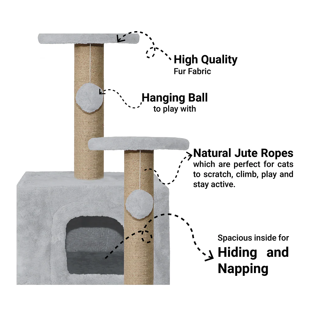 Furrlovers Soft Fur Activity Cat Tree with Natural Sisal Rope, Condo, Sisal Scratching Post & Hanging Ball Toys for Cats and Kittens (Grey) - Image 7
