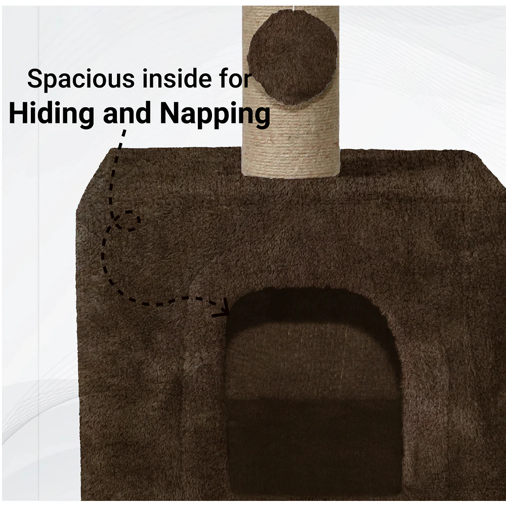 Furrlovers Soft Fur Condo Cat Tree with Sisal/Jute Scratching Post & Hanging Ball (Brown) - Image 2