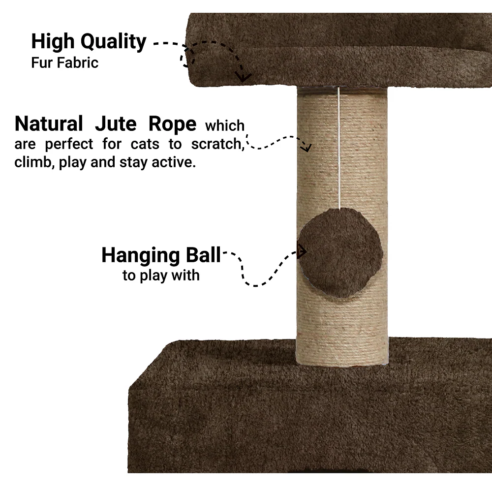 Furrlovers Soft Fur Condo Cat Tree with Sisal/Jute Scratching Post & Hanging Ball (Brown) - Image 5