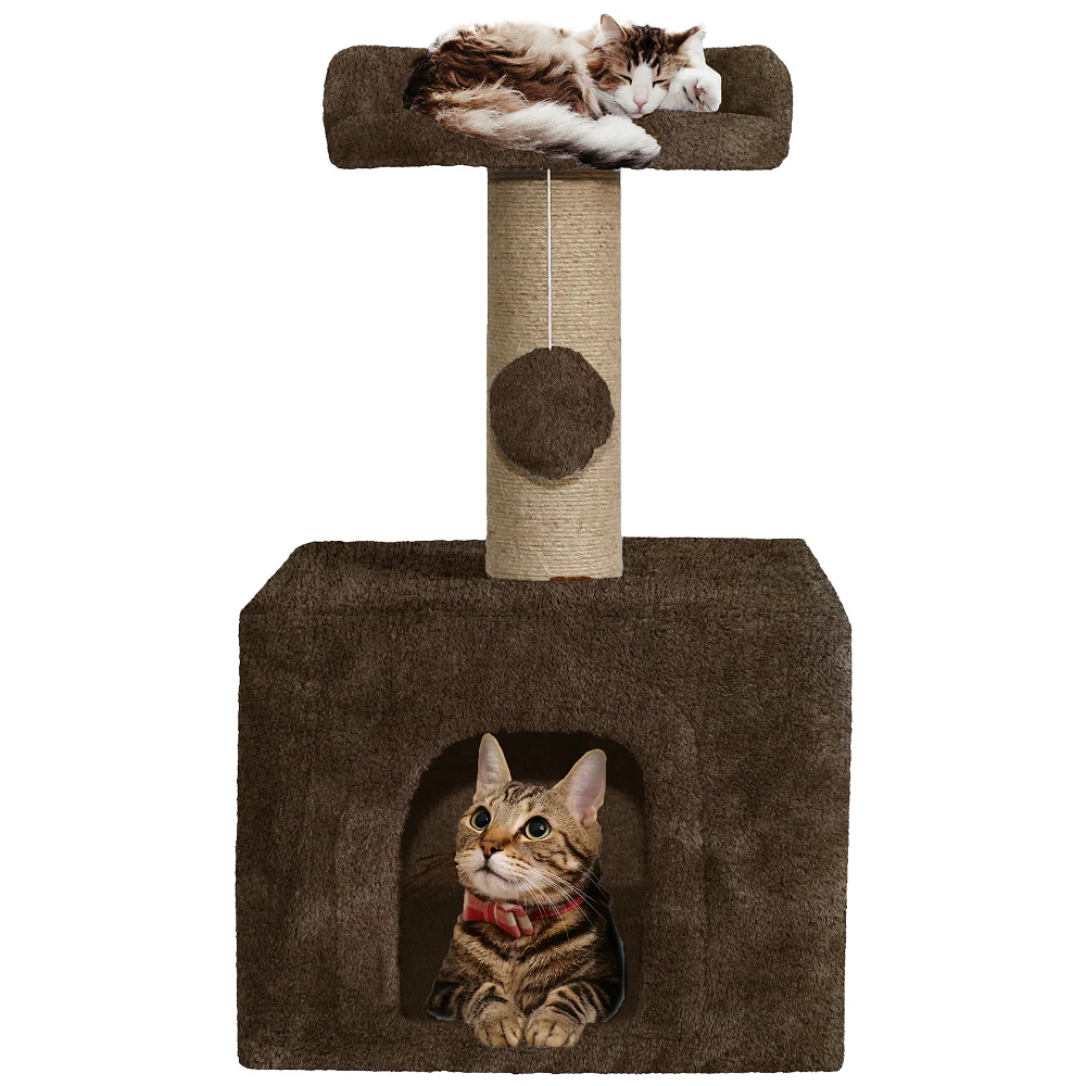 Furrlovers Soft Fur Condo Cat Tree with Sisal/Jute Scratching Post & Hanging Ball (Brown) - Image 8
