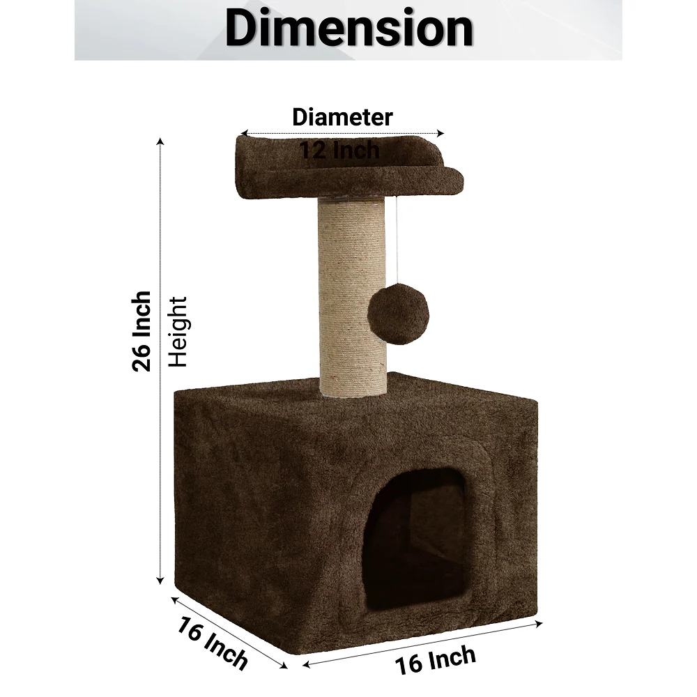 Furrlovers Soft Fur Condo Cat Tree with Sisal/Jute Scratching Post & Hanging Ball (Brown) - Image 9