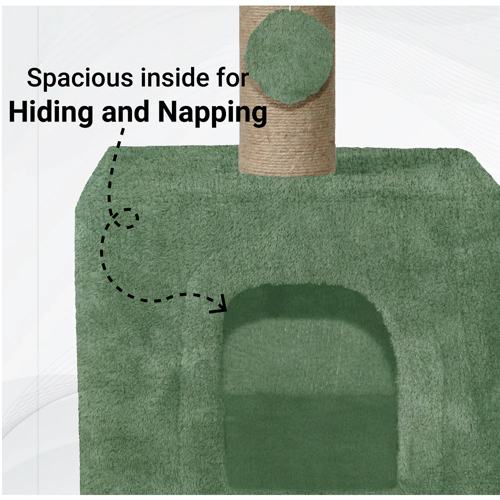 Furrlovers Soft Fur Condo Cat Tree with Sisal/Jute Scratching Post & Hanging Ball (Green) - Image 3