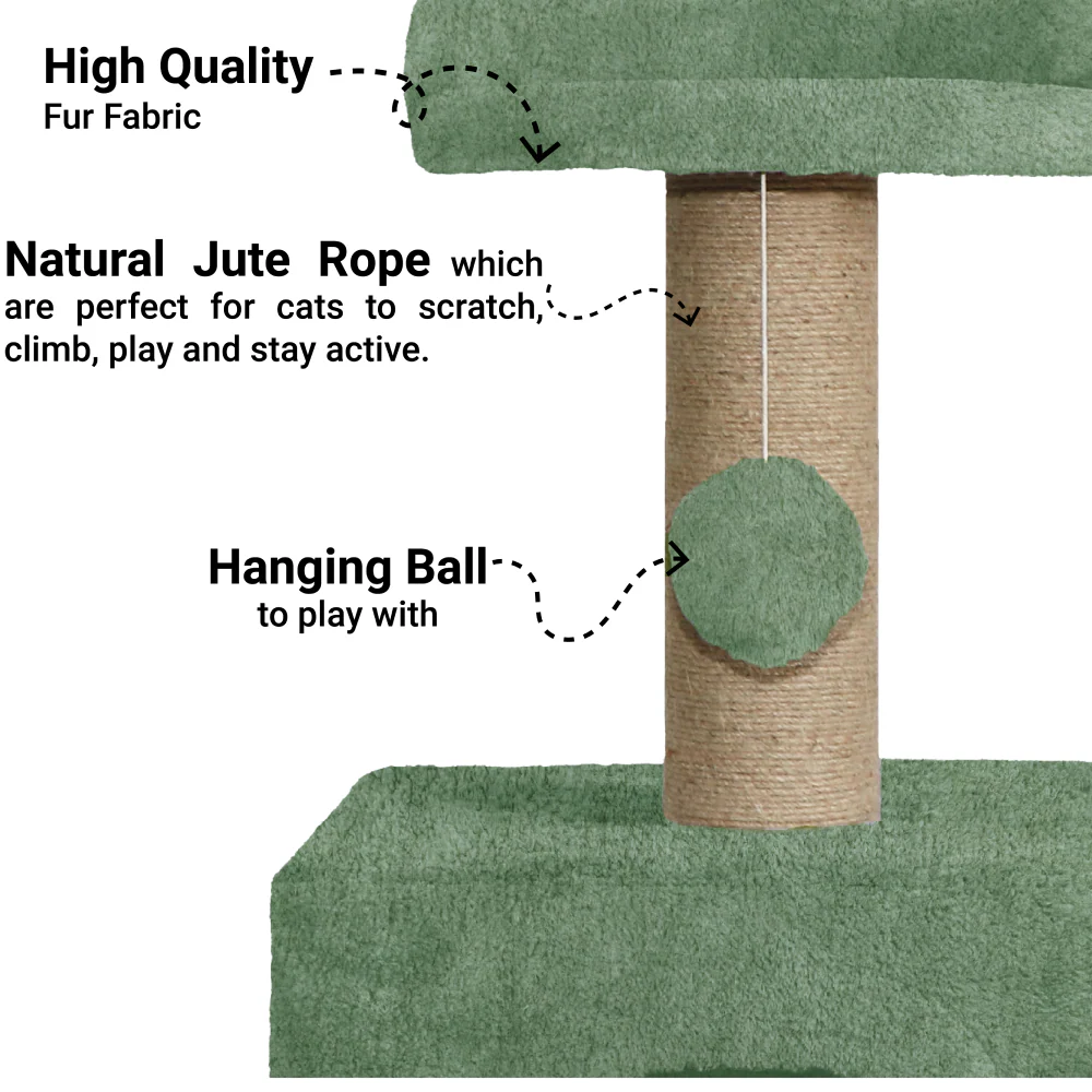 Furrlovers Soft Fur Condo Cat Tree with Sisal/Jute Scratching Post & Hanging Ball (Green) - Image 8