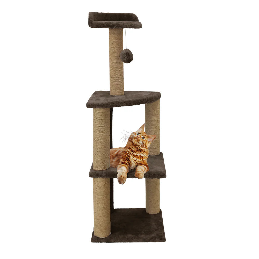Furrlovers Three Floor Soft Fur Activity Cat Tree for Kittens & Cats with Scratching Post, Natural Sisal Rope & Hanging Ball (Brown) - Image 2