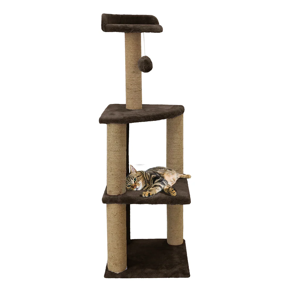 Furrlovers Three Floor Soft Fur Activity Cat Tree for Kittens & Cats with Scratching Post, Natural Sisal Rope & Hanging Ball (Brown) - Image 3
