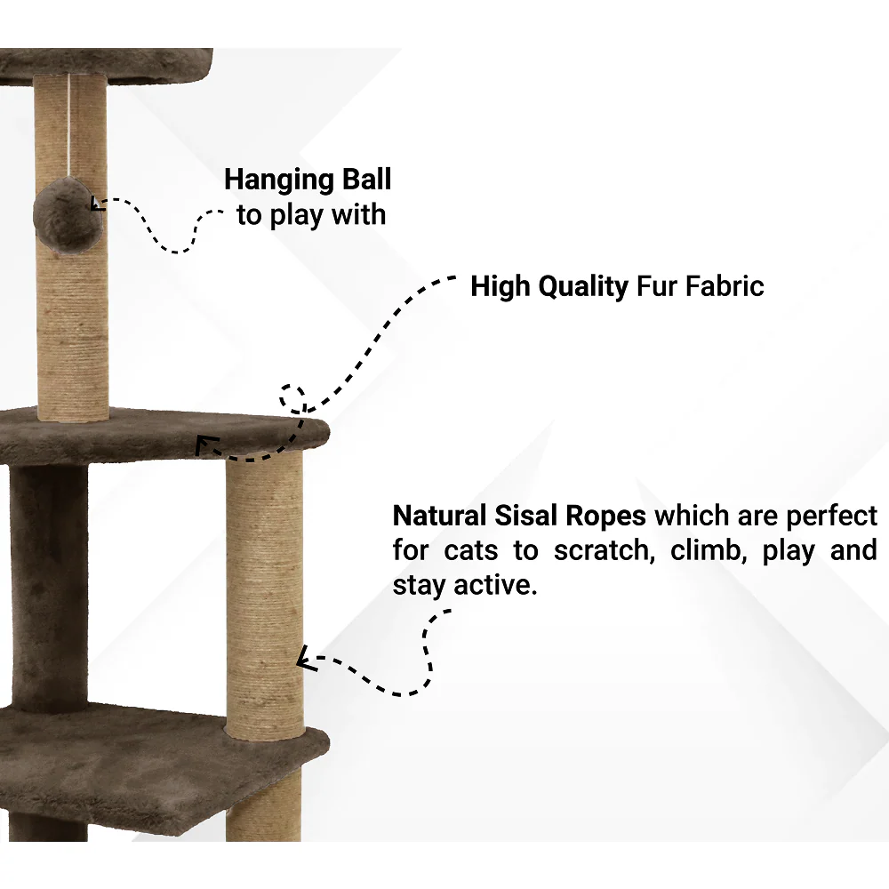 Furrlovers Three Floor Soft Fur Activity Cat Tree for Kittens & Cats with Scratching Post, Natural Sisal Rope & Hanging Ball (Brown) - Image 4