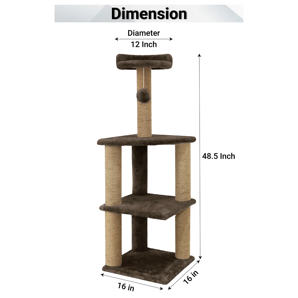 Furrlovers Three Floor Soft Fur Activity Cat Tree for Kittens & Cats with Scratching Post, Natural Sisal Rope & Hanging Ball (Brown) - Image 5