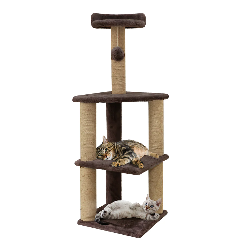 Furrlovers Three Floor Soft Fur Activity Cat Tree for Kittens & Cats with Scratching Post, Natural Sisal Rope & Hanging Ball (Brown) - Image 6
