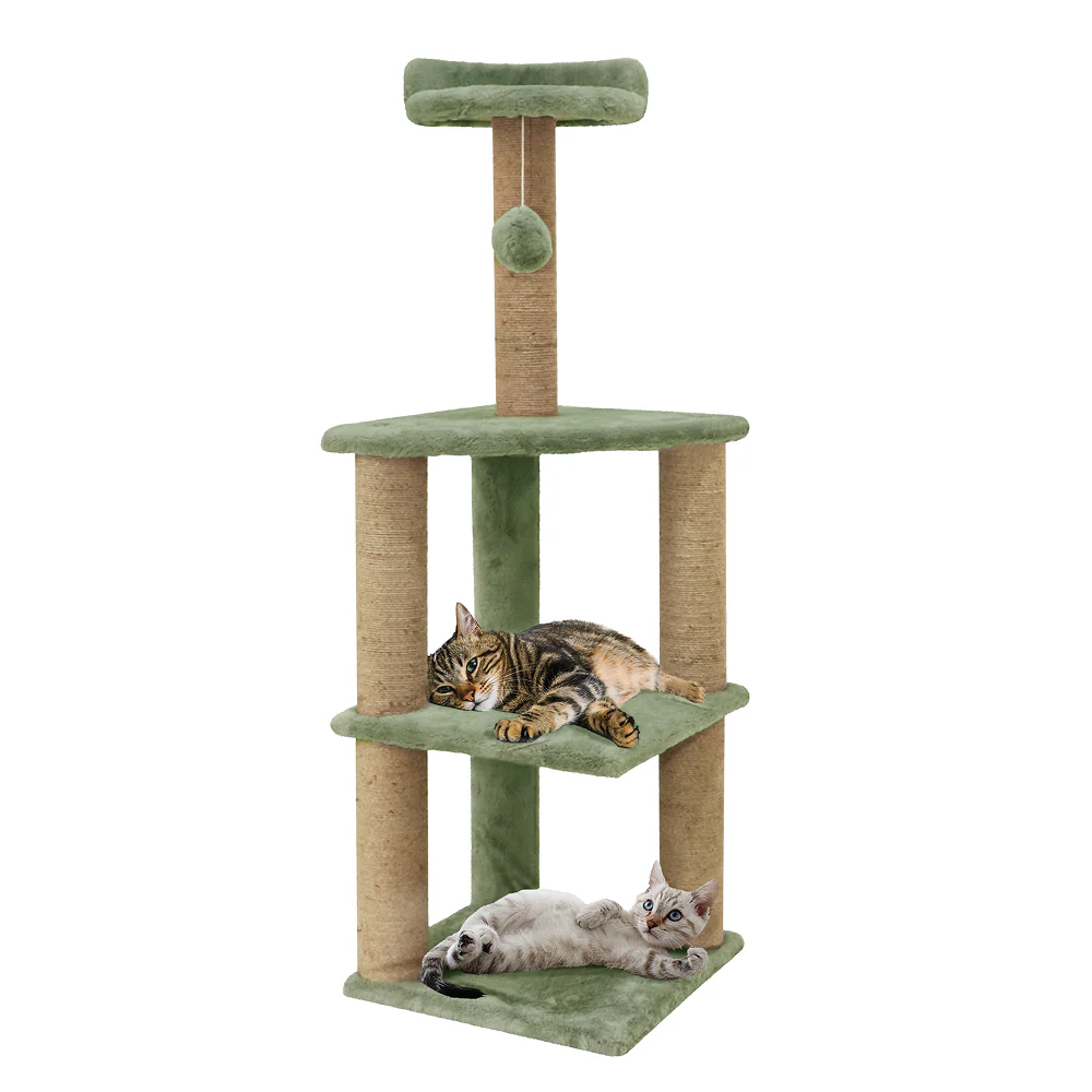 Furrlovers Three Floor Soft Fur Activity Cat Tree for Kittens & Cats with Scratching Post, Natural Sisal Rope & Hanging Ball (Green) - Image 2