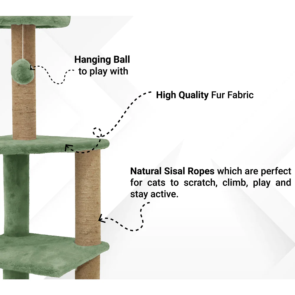 Furrlovers Three Floor Soft Fur Activity Cat Tree for Kittens & Cats with Scratching Post, Natural Sisal Rope & Hanging Ball (Green) - Image 3