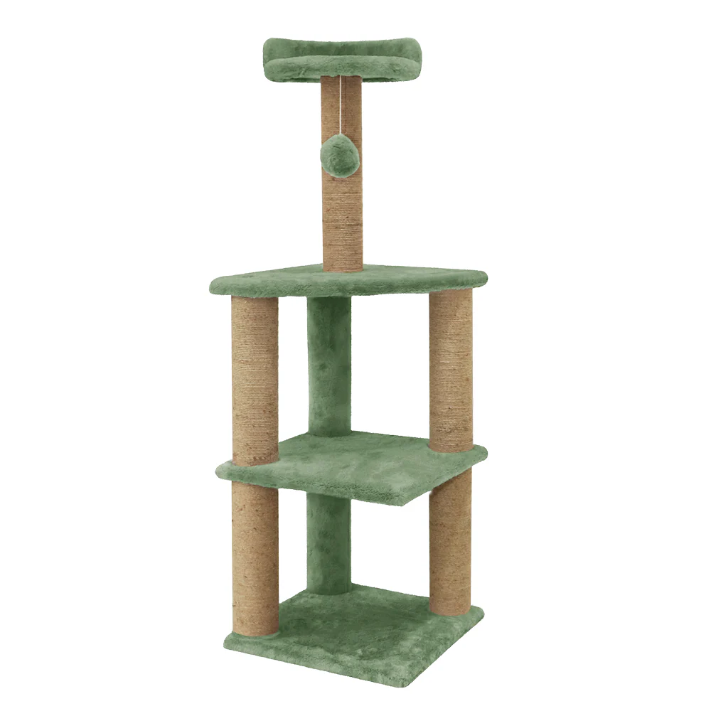 Furrlovers Three Floor Soft Fur Activity Cat Tree for Kittens & Cats with Scratching Post, Natural Sisal Rope & Hanging Ball (Green) - Image 4