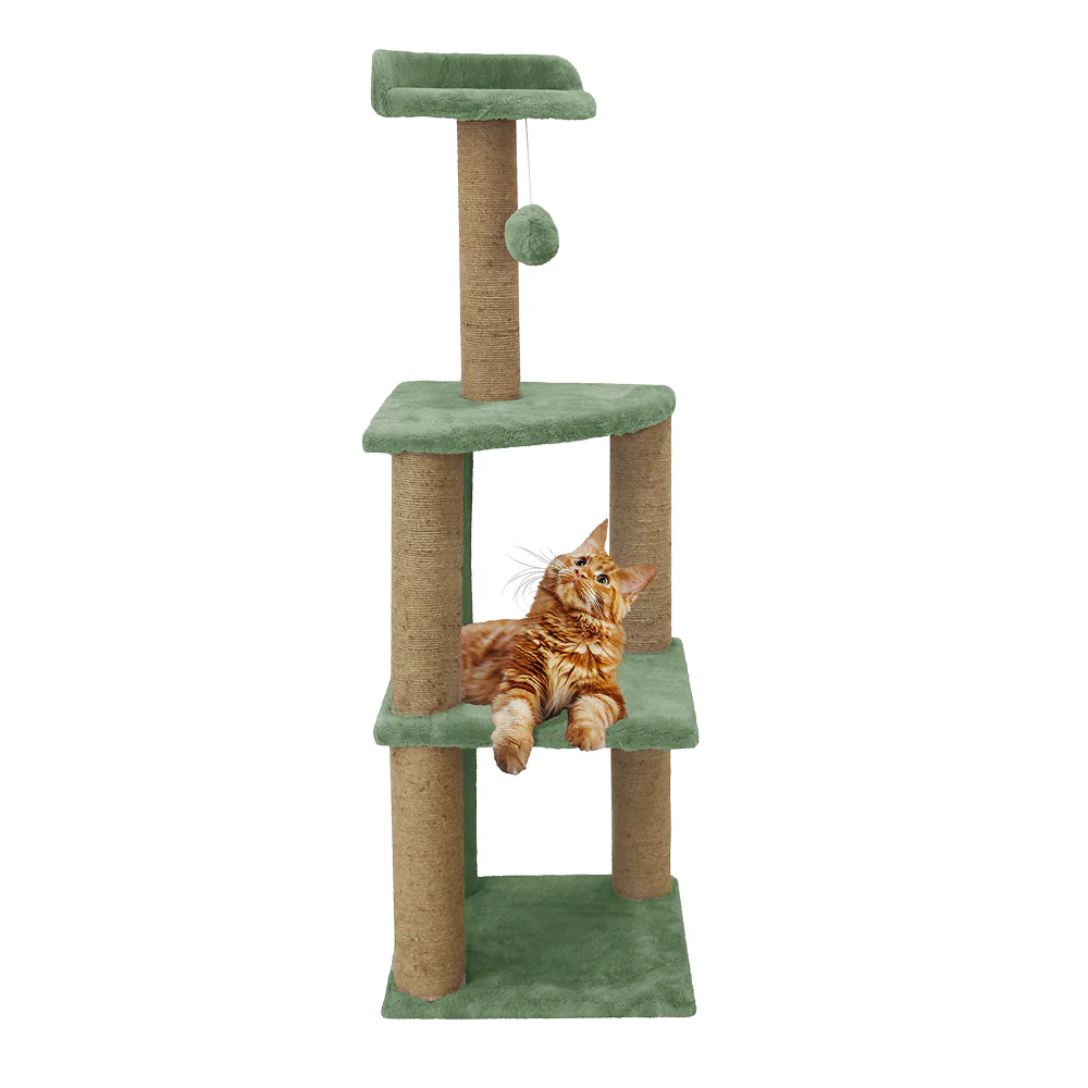 Furrlovers Three Floor Soft Fur Activity Cat Tree for Kittens & Cats with Scratching Post, Natural Sisal Rope & Hanging Ball (Green) - Image 5