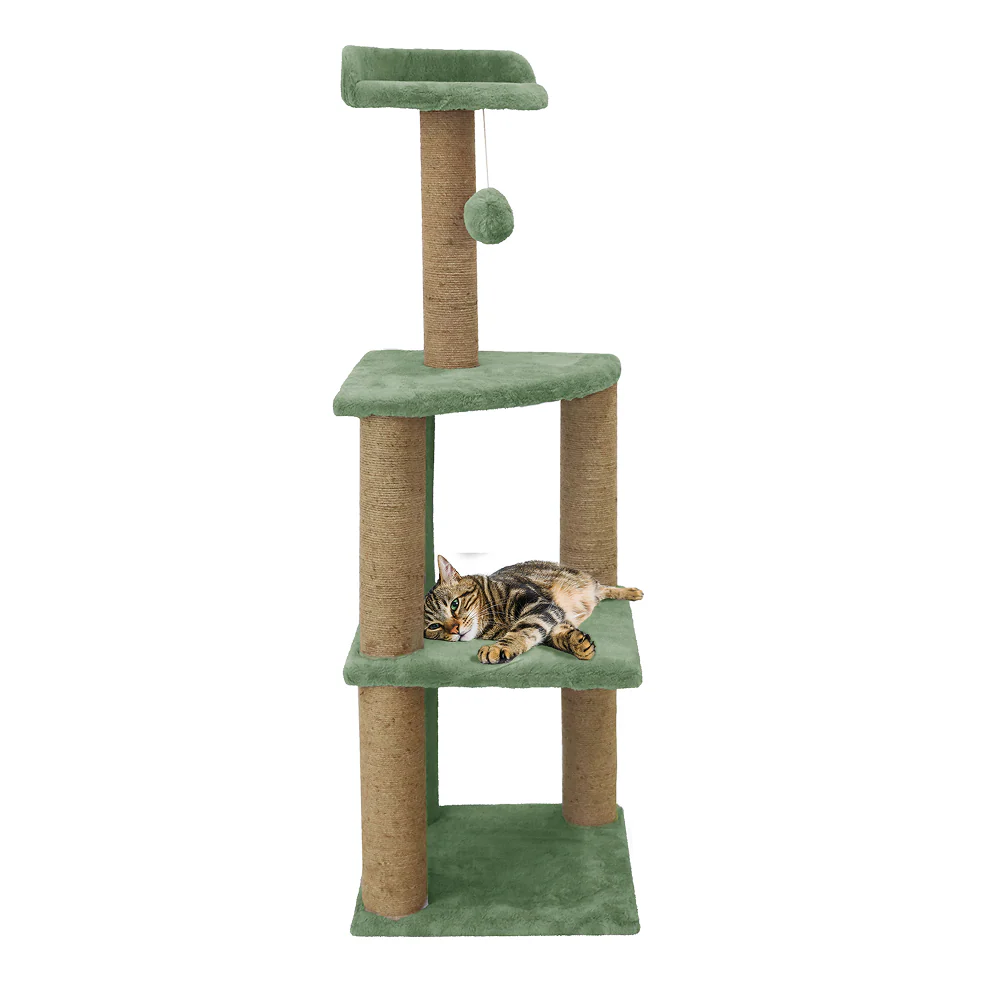 Furrlovers Three Floor Soft Fur Activity Cat Tree for Kittens & Cats with Scratching Post, Natural Sisal Rope & Hanging Ball (Green) - Image 6