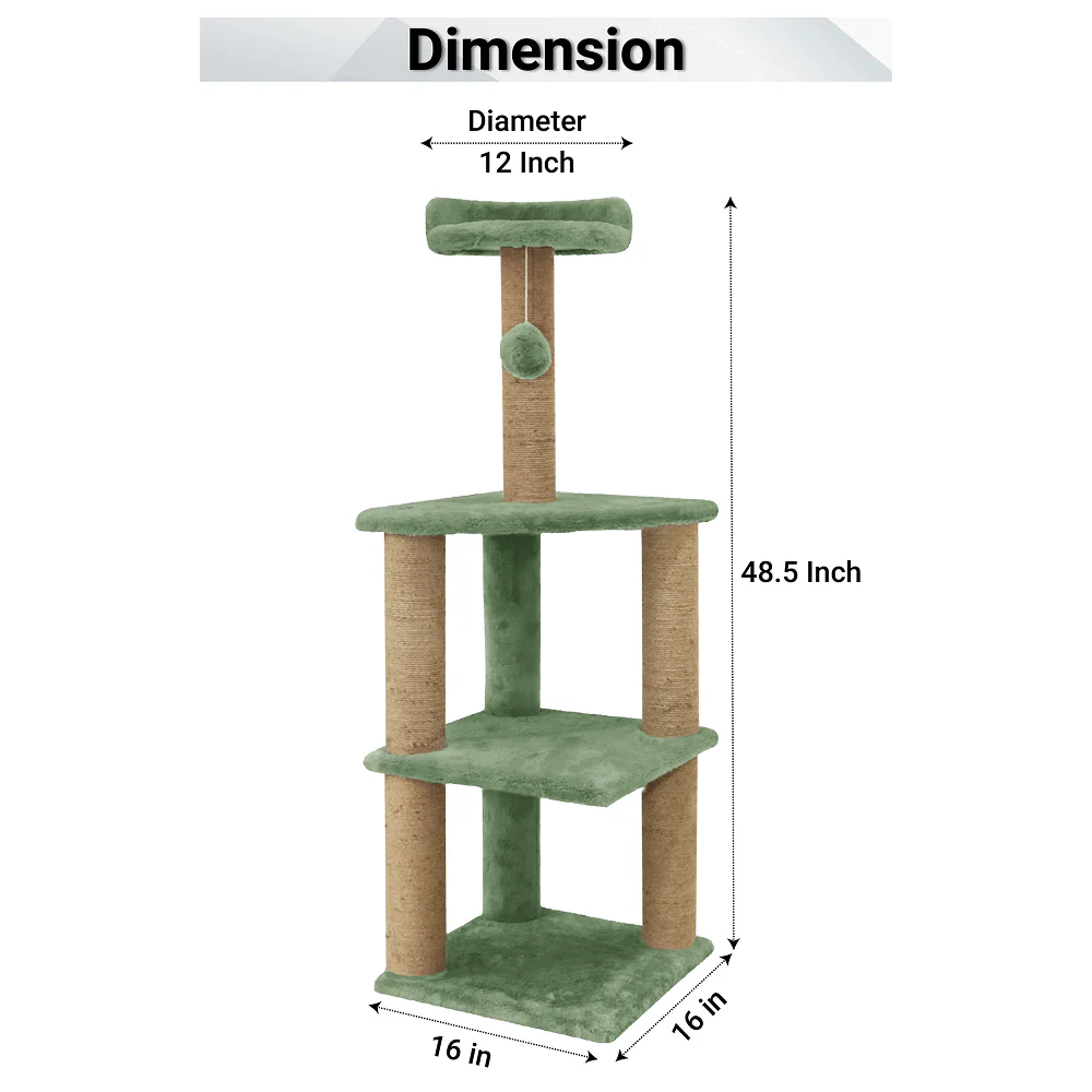 Furrlovers Three Floor Soft Fur Activity Cat Tree for Kittens & Cats with Scratching Post, Natural Sisal Rope & Hanging Ball (Green) - Image 7