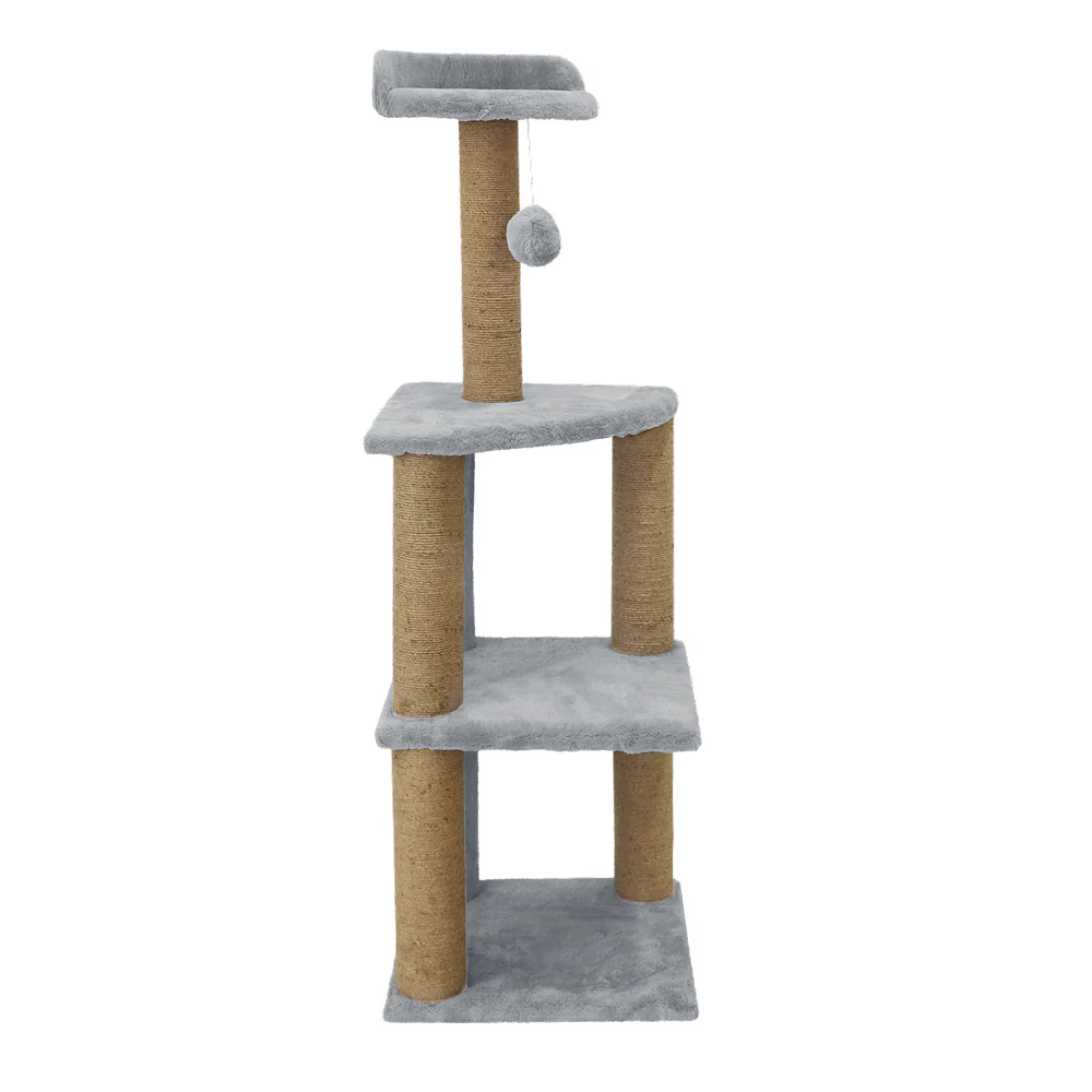 Furrlovers Three Floor Soft Fur Activity Cat Tree for Kittens & Cats with Scratching Post, Natural Sisal Rope & Hanging Ball (Grey) - Image 2