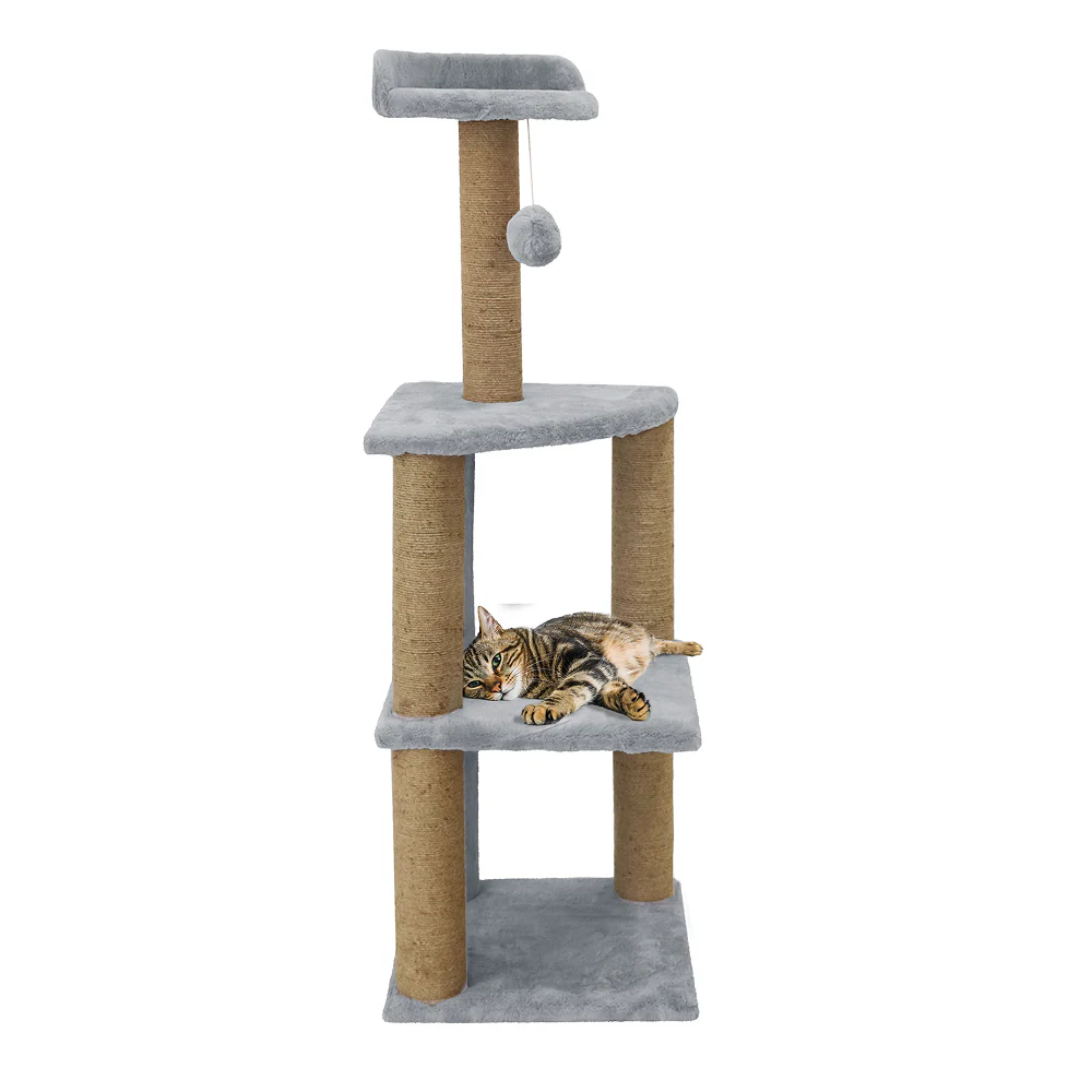 Furrlovers Three Floor Soft Fur Activity Cat Tree for Kittens & Cats with Scratching Post, Natural Sisal Rope & Hanging Ball (Grey) - Image 3
