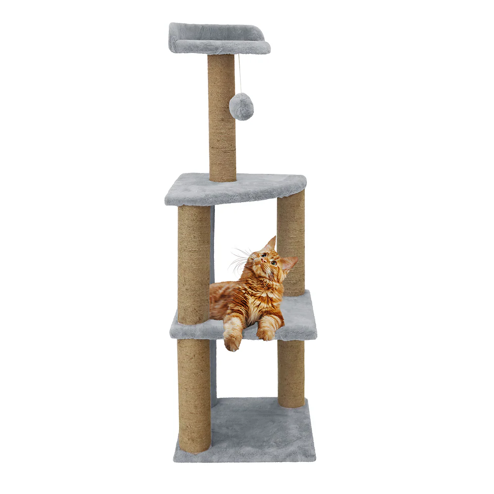 Furrlovers Three Floor Soft Fur Activity Cat Tree for Kittens & Cats with Scratching Post, Natural Sisal Rope & Hanging Ball (Grey) - Image 4