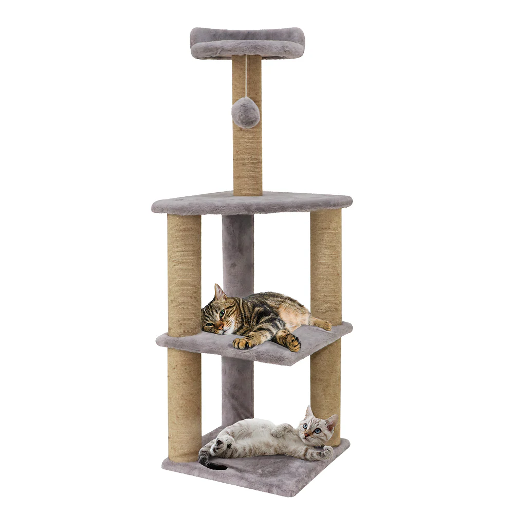 Furrlovers Three Floor Soft Fur Activity Cat Tree for Kittens & Cats with Scratching Post, Natural Sisal Rope & Hanging Ball (Grey) - Image 5