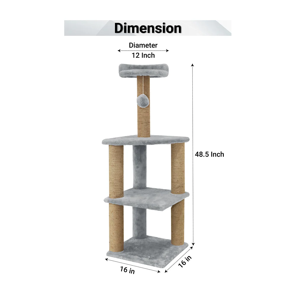 Furrlovers Three Floor Soft Fur Activity Cat Tree for Kittens & Cats with Scratching Post, Natural Sisal Rope & Hanging Ball (Grey) - Image 6