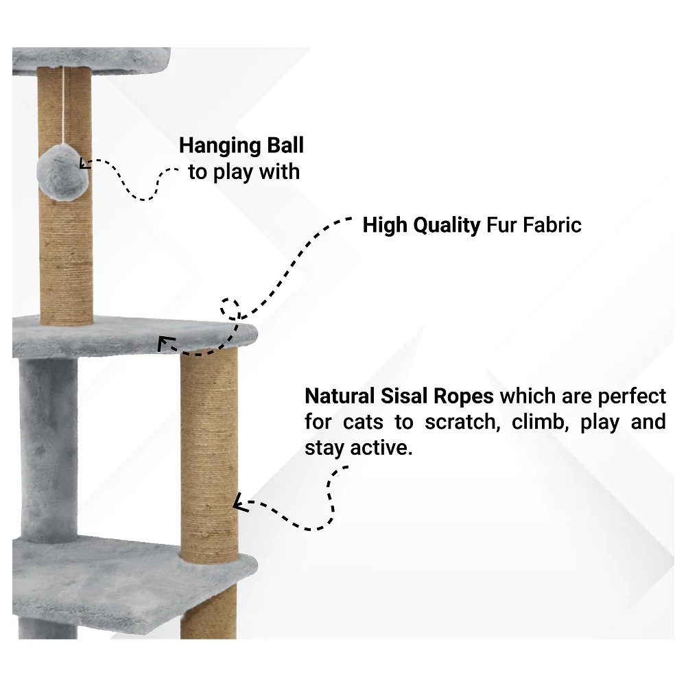 Furrlovers Three Floor Soft Fur Activity Cat Tree for Kittens & Cats with Scratching Post, Natural Sisal Rope & Hanging Ball (Grey) - Image 8