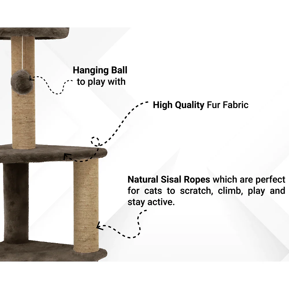 Furrlovers Two Floor Soft Fur Activity Cat Tree for Kittens & Cats with Scratching Post, Natural Sisal Rope & Hanging Ball (Brown) - Image 2