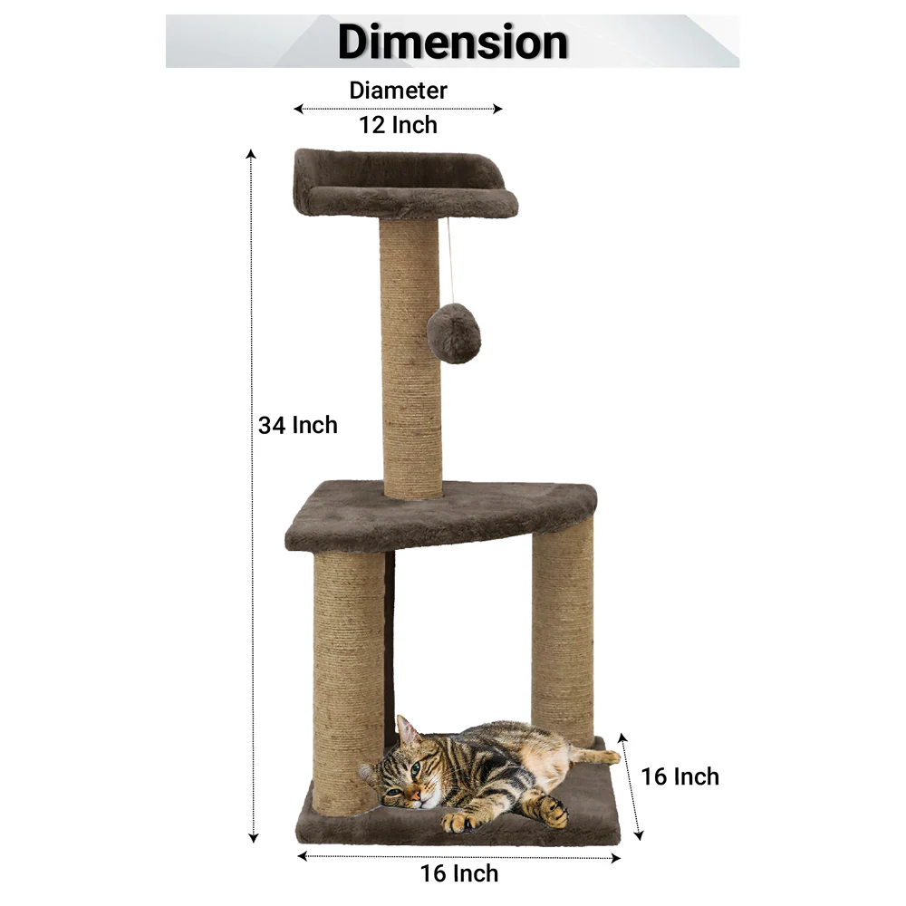 Furrlovers Two Floor Soft Fur Activity Cat Tree for Kittens & Cats with Scratching Post, Natural Sisal Rope & Hanging Ball (Brown) - Image 4