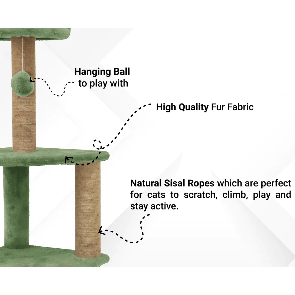 Furrlovers Two Floor Soft Fur Activity Cat Tree for Kittens & Cats with Scratching Post, Natural Sisal Rope & Hanging Ball (Green) - Image 2
