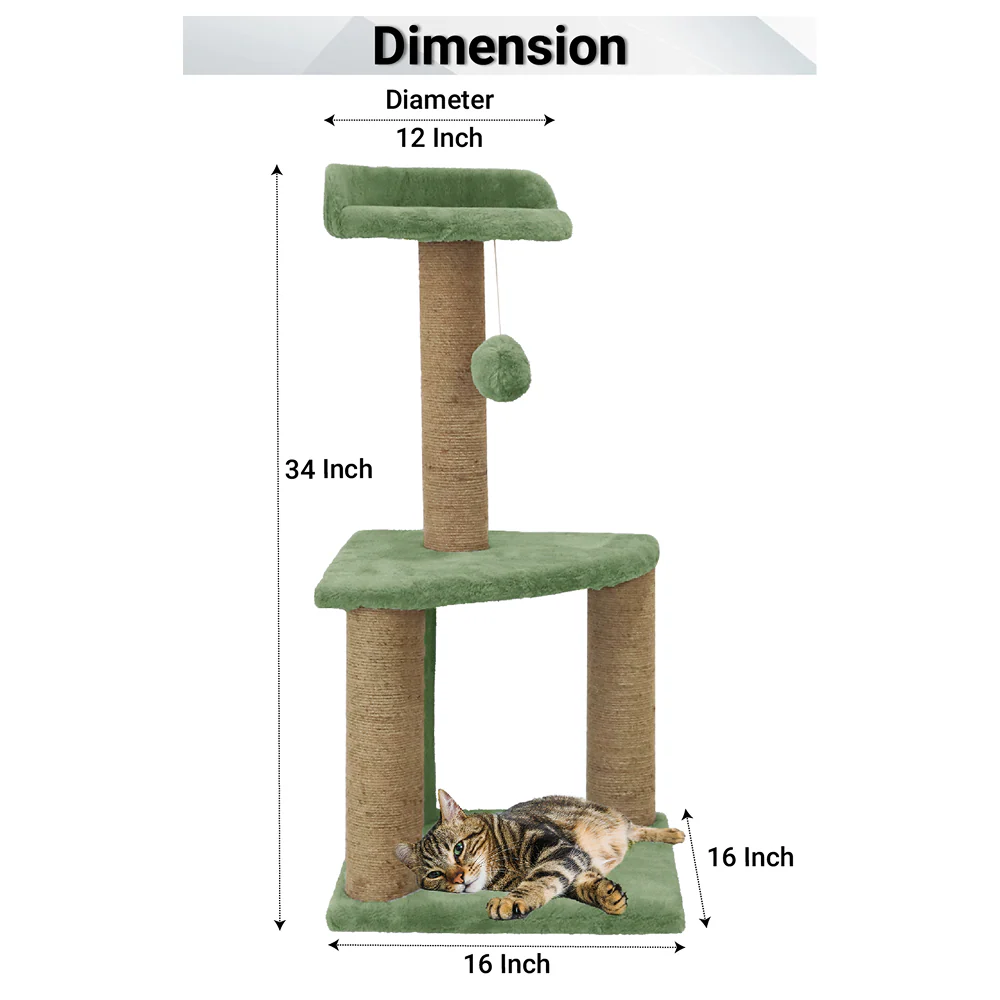 Furrlovers Two Floor Soft Fur Activity Cat Tree for Kittens & Cats with Scratching Post, Natural Sisal Rope & Hanging Ball (Green) - Image 4