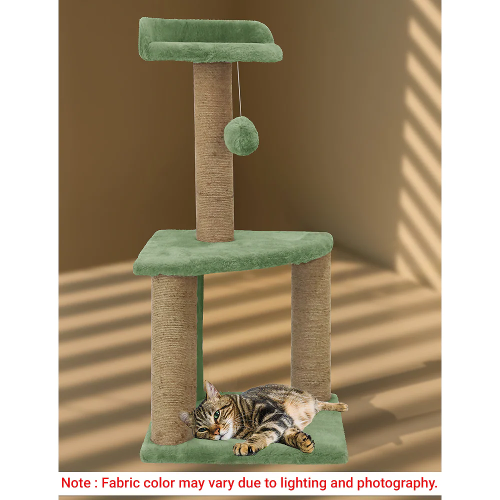 Furrlovers Two Floor Soft Fur Activity Cat Tree for Kittens & Cats with Scratching Post, Natural Sisal Rope & Hanging Ball (Green) - Image 6