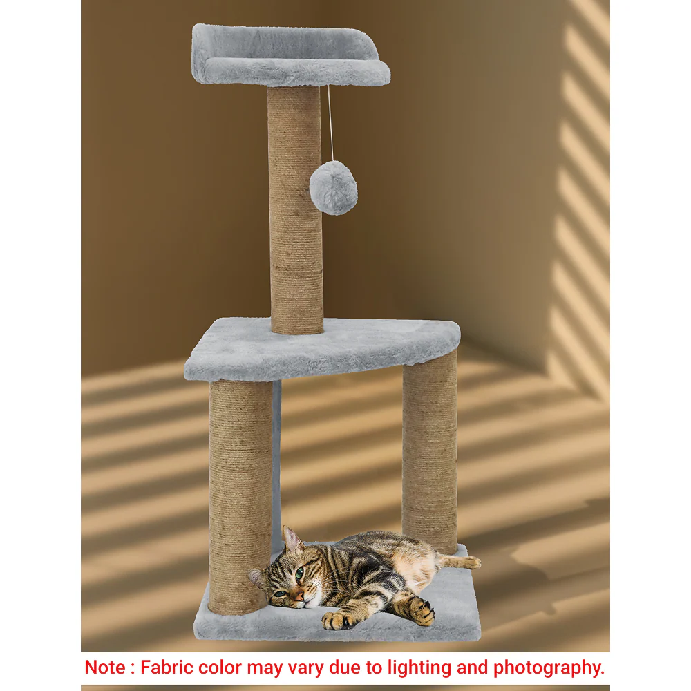 Furrlovers Two Floor Soft Fur Activity Cat Tree for Kittens & Cats with Scratching Post, Natural Sisal Rope & Hanging Ball (Grey) - Image 4