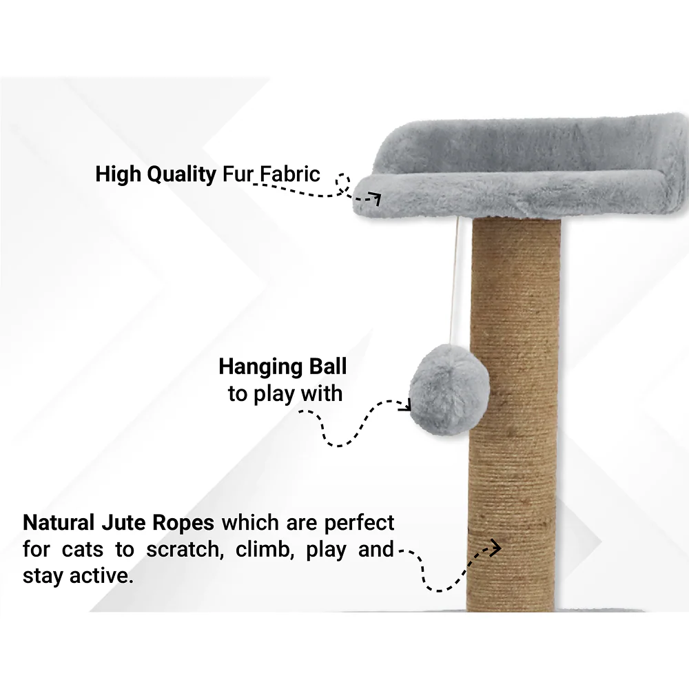 Furrlovers Two Floor Soft Fur Activity Cat Tree for Kittens & Cats with Scratching Post, Natural Sisal Rope & Hanging Ball (Grey) - Image 7