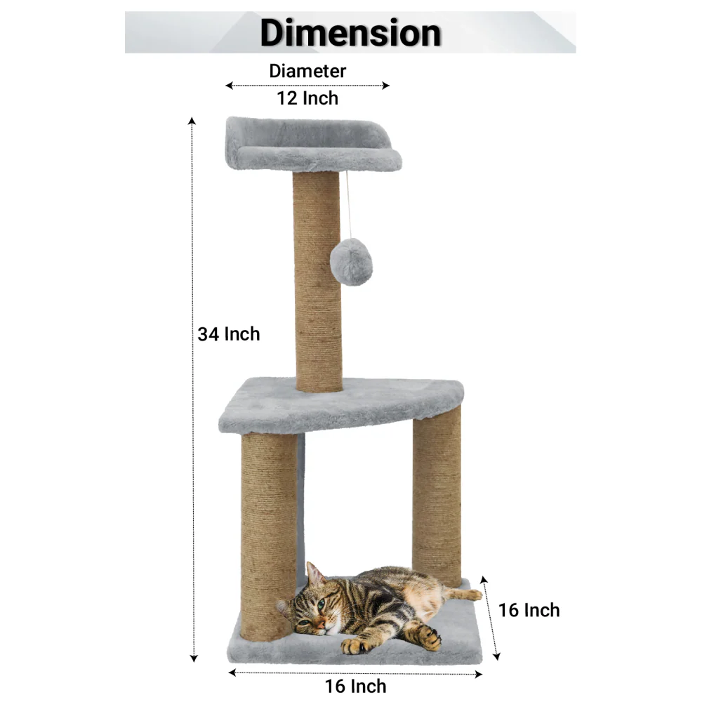 Furrlovers Two Floor Soft Fur Activity Cat Tree for Kittens & Cats with Scratching Post, Natural Sisal Rope & Hanging Ball (Grey) - Image 8