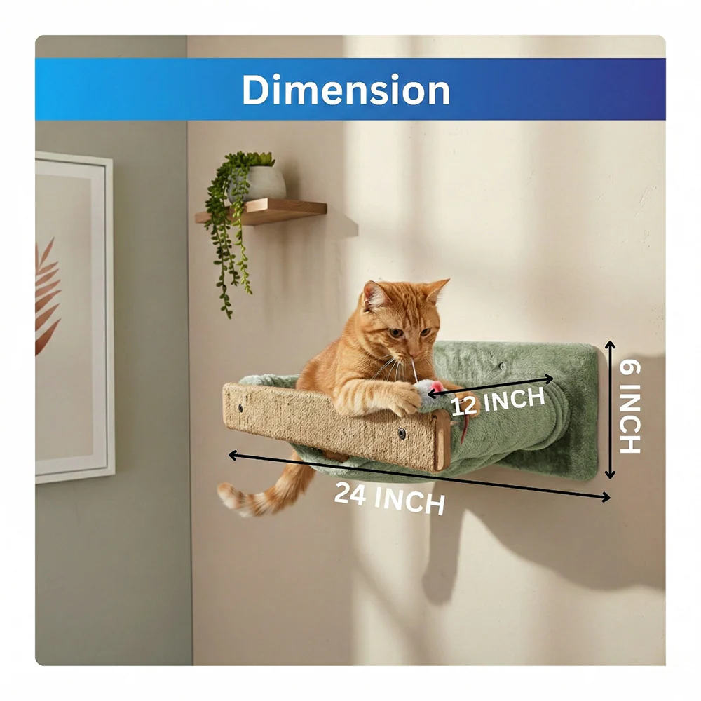 Furrlovers Wall Mounted Perch with Scratching Post & Plush Cushion for Cats (Green) - Image 2