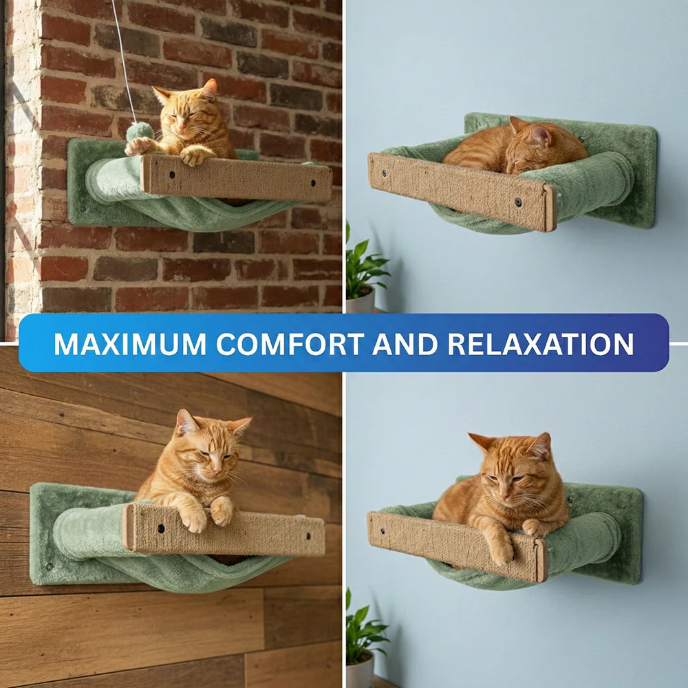 Furrlovers Wall Mounted Perch with Scratching Post & Plush Cushion for Cats (Green) - Image 4
