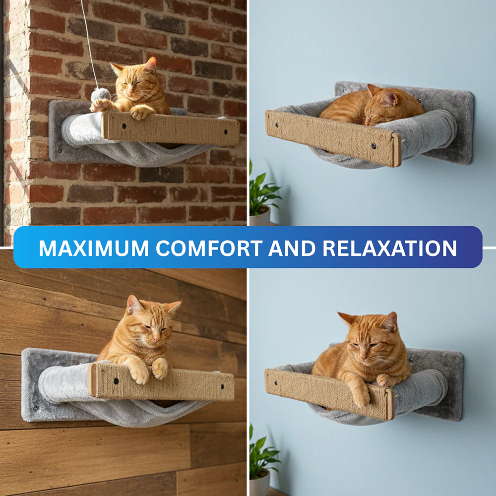 Furrlovers Wall Mounted Perch with Scratching Post & Plush Cushion for Cats (Grey) - Image 2