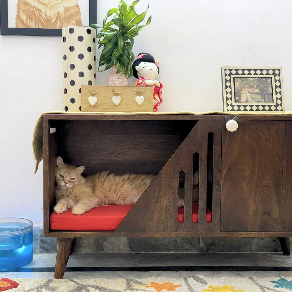 FurryLiving Benji Cabinet with Cushion for Small Dogs and Cats (Dark Brown/Red Cushion) - Image 2