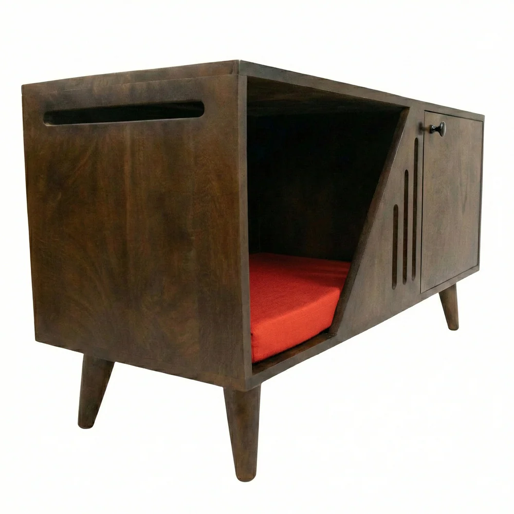 FurryLiving Benji Cabinet with Cushion for Small Dogs and Cats (Dark Brown/Red Cushion) - Image 3